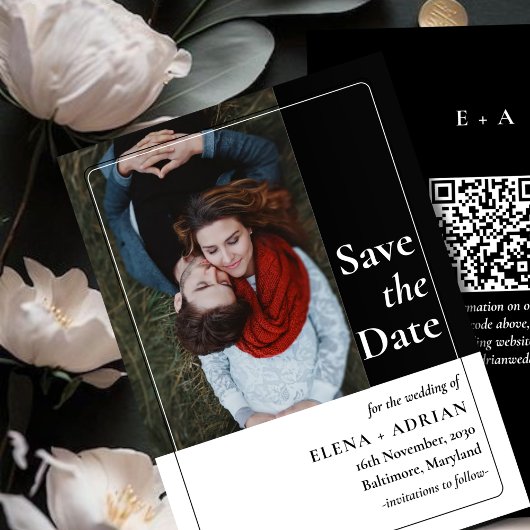 Modern Moody Photo Save the Date with QR Code セーブザデート
