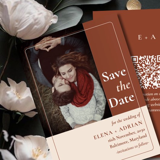 Modern Moody Photo Save the Date with QR Code セーブザデート