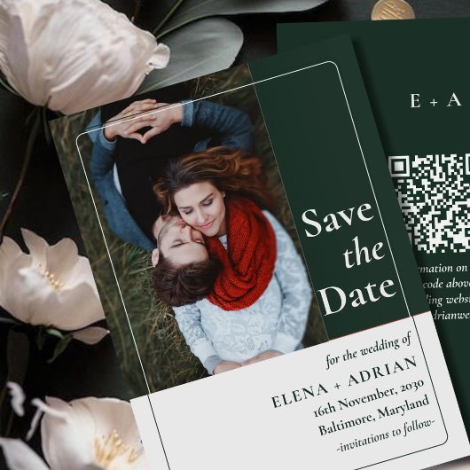 Modern Moody Photo Save the Date with QR Code セーブザデート