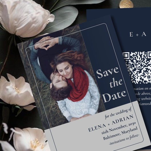 Modern Moody Photo Save the Date with QR Code セーブザデート