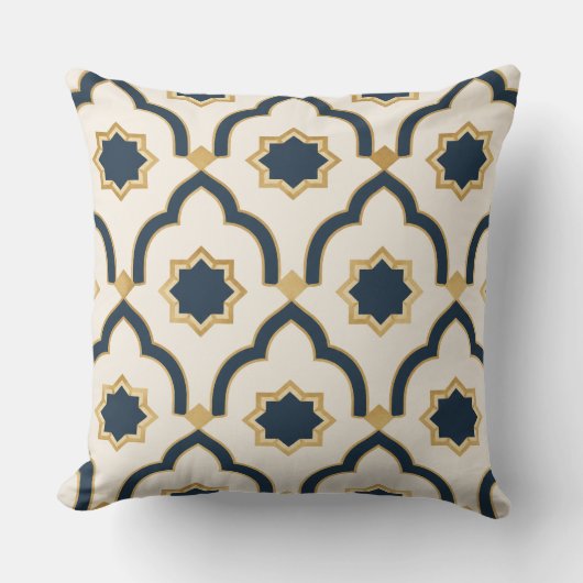 Modern Moroccan Navy Gold Geometric Pillow クッション (正面)