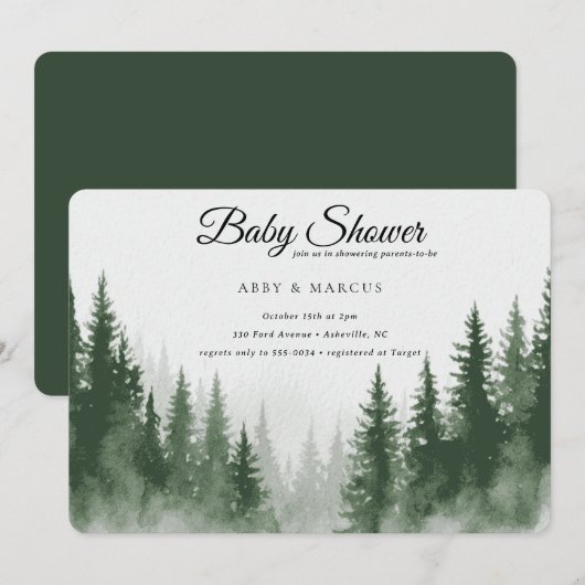 Modern Mountain Forest Adventure Green Baby Shower 招待状 (正面/裏面)