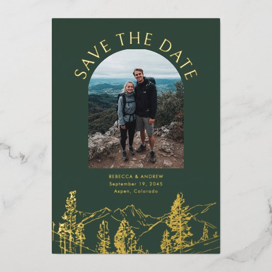 Modern Mountain Outdoors Wedding Save The Date 箔招待状 (正面)