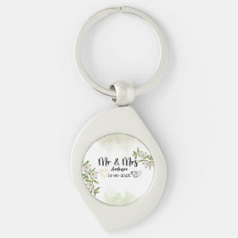 Modern mr & Mrs white and green watercolor floral キーホルダー