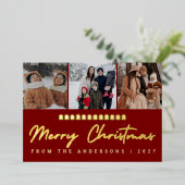 Modern Multi Photo Collage Merry Christmas 箔シーズンカード (立ち正面)