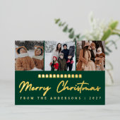 Modern Multi Photo Collage Merry Christmas 箔シーズンカード (立ち正面)