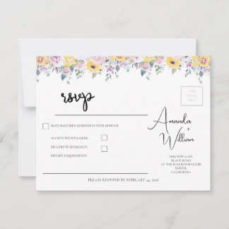 Modern Mustard Yellow and Lavender Floral Wedding 出欠カード