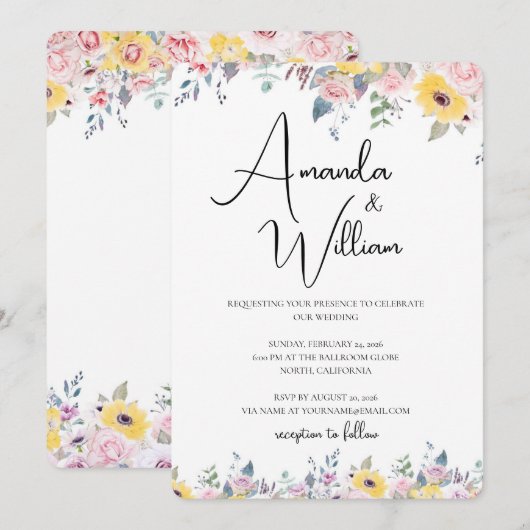 Modern Mustard Yellow and Lavender Floral Wedding 招待状 (正面/裏面)