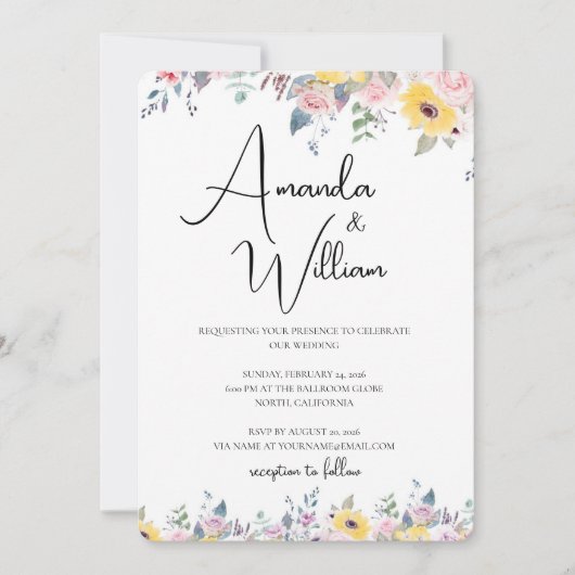 Modern Mustard Yellow and Lavender Floral Wedding 招待状 (正面)