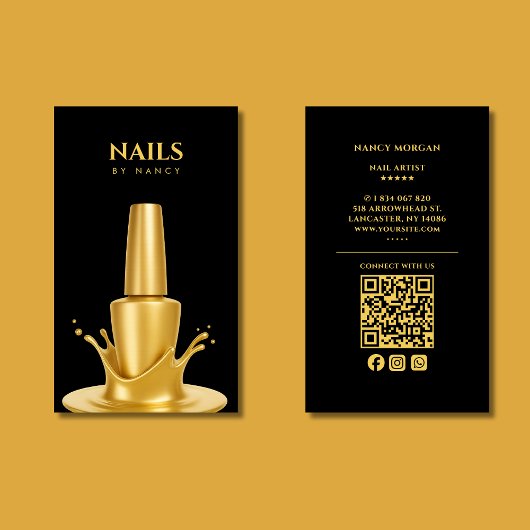 Modern Nail salon QR Code Black And Gold 名刺