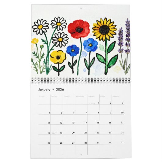 Modern Naive Floral Art Calendar カレンダー (1月 2026)