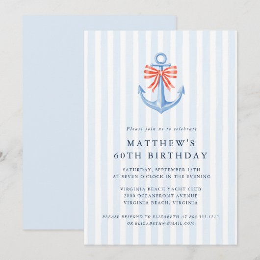 Modern Nautical Coastal Anchor Birthday Party  招待状 (正面/裏面)