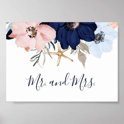 Modern Nautical | Floral Mr. and Mrs. Wedding Sign ポスター (正面)