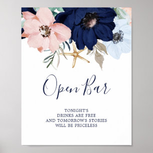 Modern Nautical   Floral Open Bar Sign ポスター