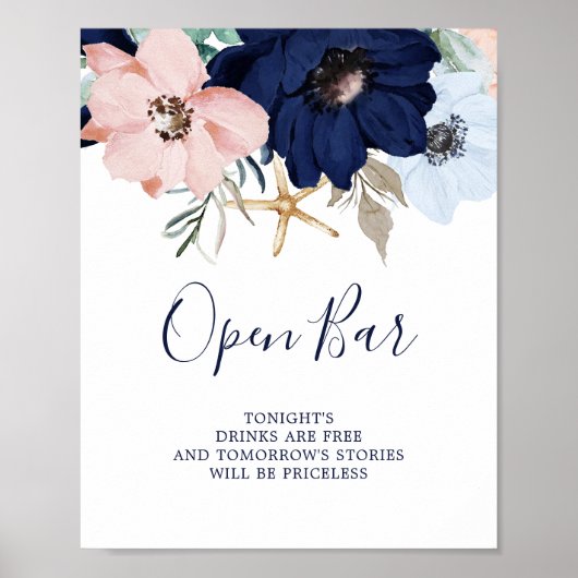 Modern Nautical | Floral Open Bar Sign ポスター (正面)