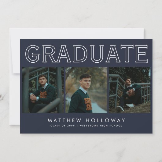 Modern Navy 3 Photo Graduation Announcement  招待状 (正面)