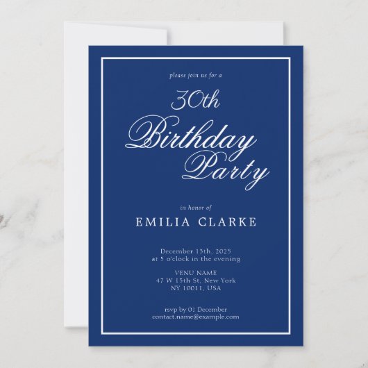 Modern Navy Birthday Party Invitations for Adults 招待状 (正面)
