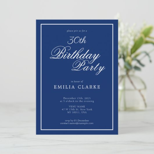 Modern Navy Birthday Party Invitations for Adults 招待状 (スタンド正面)