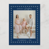 Modern Navy Blu Bow Pattern Family Photo Christmas ポストカード (正面)