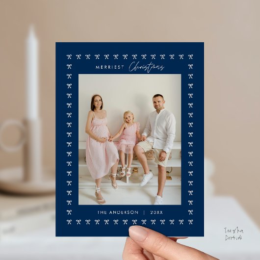 Modern Navy Blu Bow Pattern Family Photo Christmas ポストカード