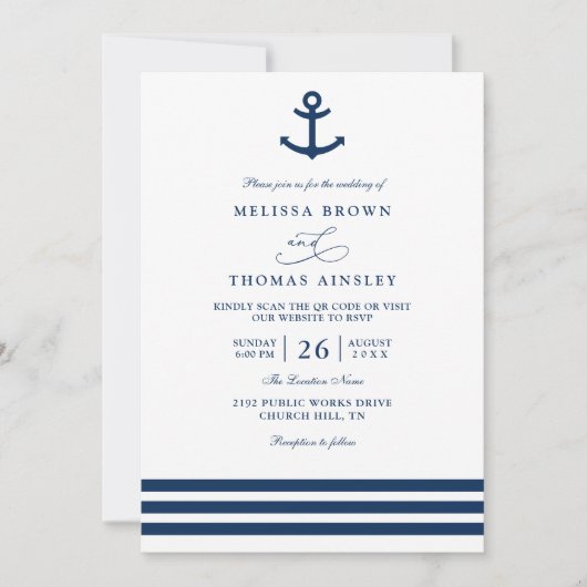 Modern Navy Blue Anchor Nautical QR Code Wedding 招待状 (正面)