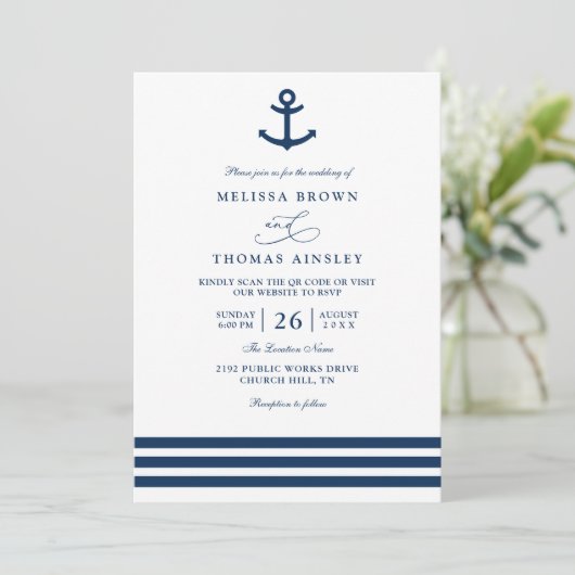 Modern Navy Blue Anchor Nautical QR Code Wedding 招待状 (スタンド正面)