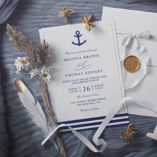 Modern Navy Blue Anchor Nautical QR Code Wedding 招待状