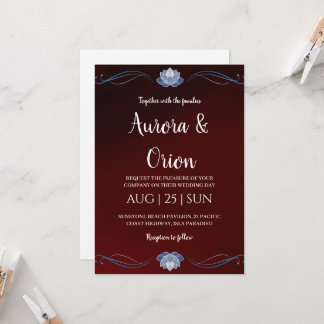 modern navy blue and burgundy wedding invitations 招待状