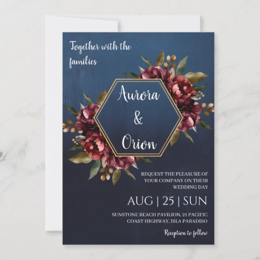 modern navy blue and burgundy wedding invitations 招待状 (正面)