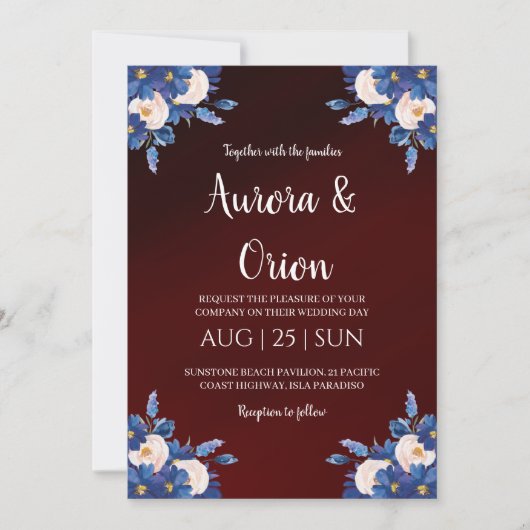 modern navy blue and burgundy wedding invitations 招待状 (正面)