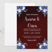 modern navy blue and burgundy wedding invitations 招待状 (正面/裏面)