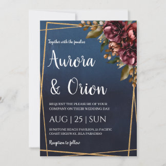 modern navy blue and burgundy wedding invitations 招待状