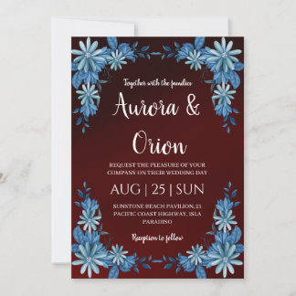modern navy blue and burgundy wedding invitations 招待状