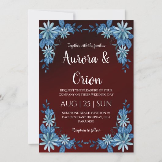 modern navy blue and burgundy wedding invitations 招待状 (正面)