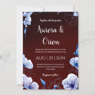 modern navy blue and burgundy wedding invitations 招待状