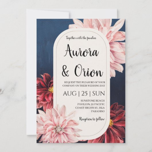 modern navy blue and burgundy wedding invitations 招待状 (正面)