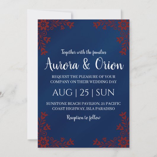 modern navy blue and burgundy wedding invitations 招待状 (正面)