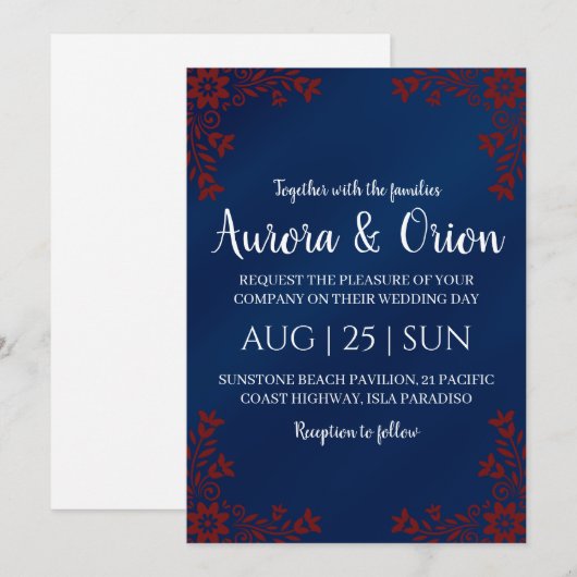 modern navy blue and burgundy wedding invitations 招待状 (正面/裏面)