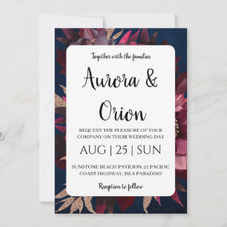 modern navy blue and burgundy wedding invitations 招待状