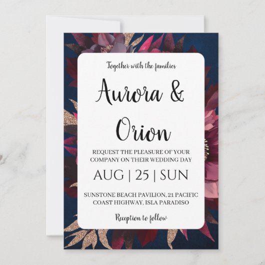 modern navy blue and burgundy wedding invitations 招待状 (正面)
