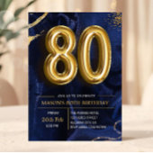 Modern Navy Blue and Gold 80th Birthday Invitation 招待状