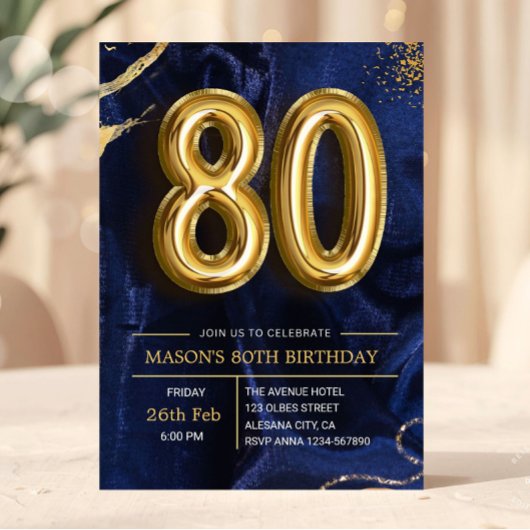 Modern Navy Blue and Gold 80th Birthday Invitation 招待状