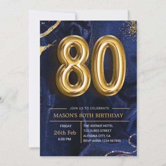 Modern Navy Blue and Gold 80th Birthday Invitation 招待状 (正面)
