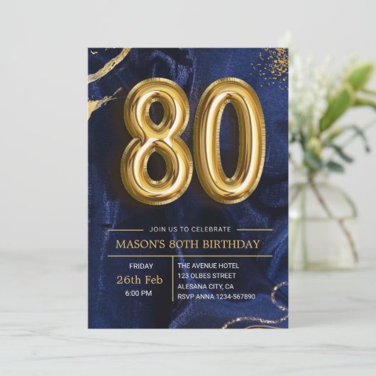 Modern Navy Blue and Gold 80th Birthday Invitation 招待状 (スタンド正面)