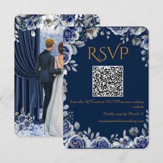 Modern Navy Blue and Gold QR Code Wedding RSVP Car (正面/裏面)