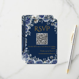 Modern Navy Blue and Gold QR Code Wedding RSVP Car