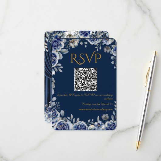 Modern Navy Blue and Gold QR Code Wedding RSVP Car (正面/裏面インサイチュ)