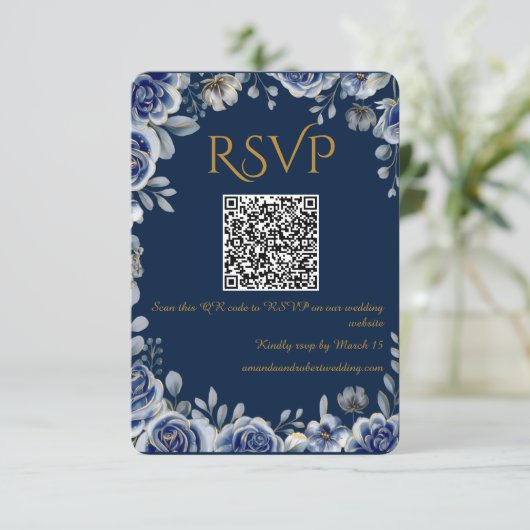 Modern Navy Blue and Gold QR Code Wedding RSVP Car (スタンド正面)