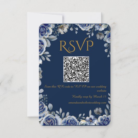 Modern Navy Blue and Gold QR Code Wedding RSVP Car (正面)