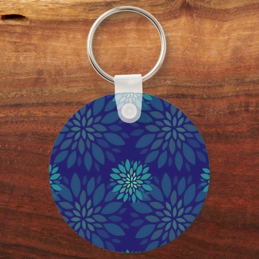 Modern Navy Blue and Green Floral Leaves Pattern キーホルダー (正面)